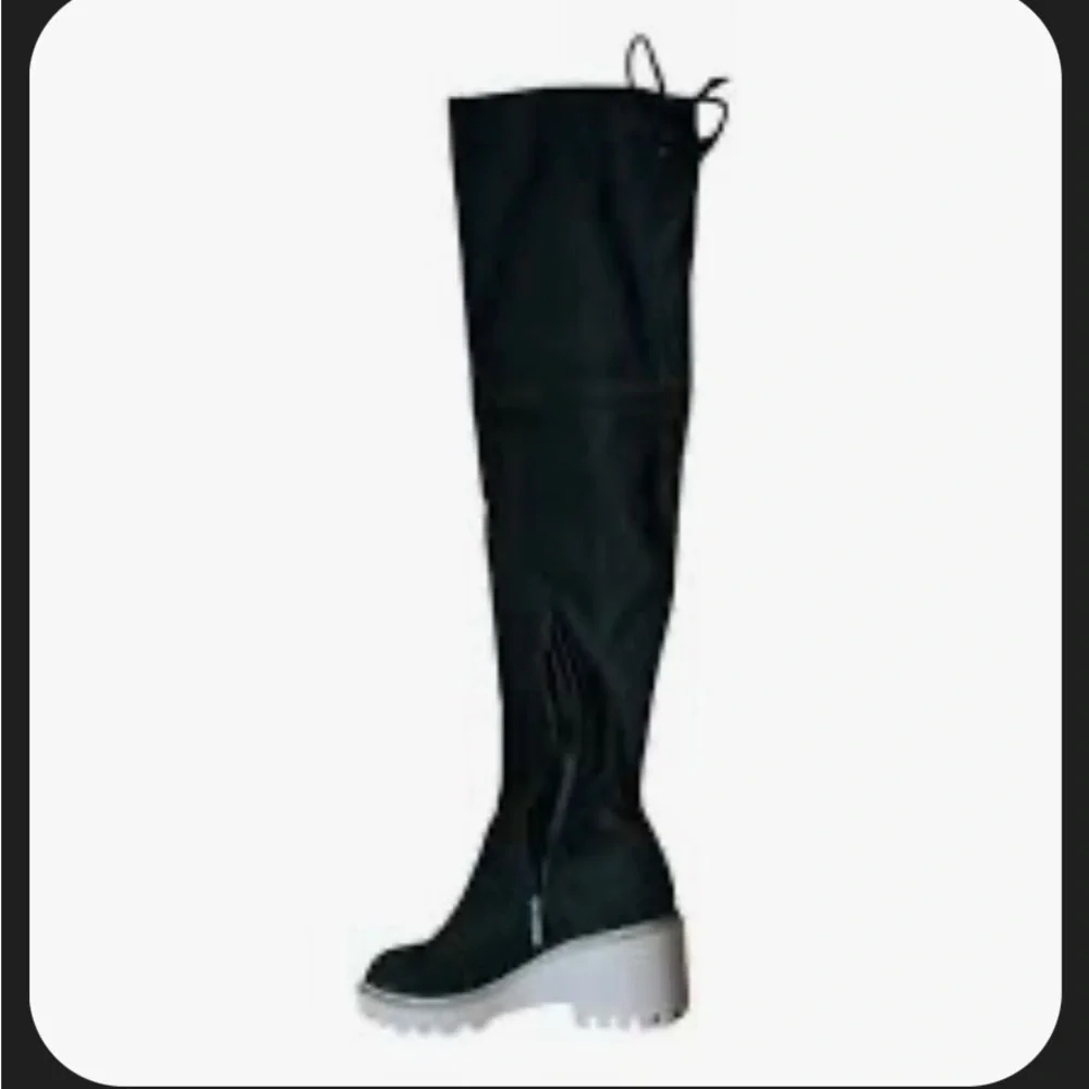 Black Over-the-Knee Wedge Boots with Tan Lug Sole Tie for An Adjustable Top NB